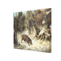 Vildsvin i snön som undertecknas som Courbet (fejk Sträckt Kanvastryck