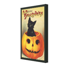 Vintage Halloween som ler gullig svart kattpumpa Sträckta Canvas Tryck