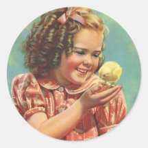 Vintagebarn, lyckligt leende, flicka med babychick runda klistermärken