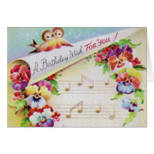 Vintagefågelblommor och musikfödelsedagkort