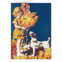 Vintageflicka + hund hälsningskort
