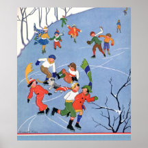 Vintagejul, barnskridskoåkning på damm affisch