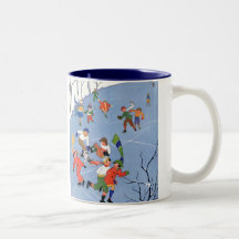 Vintagejul, barnskridskoåkning på damm kaffe muggar