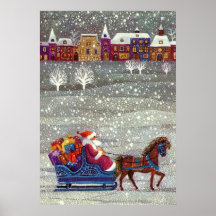 Vintagejultomten en öppen Sleigh för häst i snö Print