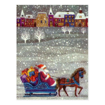 Vintagejultomten en öppen Sleigh för häst i snö Vykort