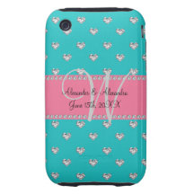 Wedding monogram turquoise diamonds hearts iPhone 3 tough covers