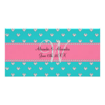 Wedding monogram turquoise diamonds hearts customized photo card