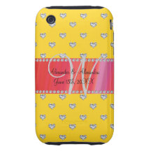 Wedding monogram yellow diamonds hearts tough iPhone 3 case