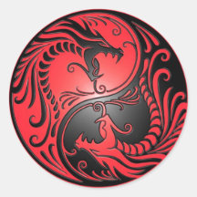 Yin Yang drakar, rött och svart Runda Klistermärken