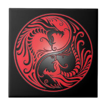 Yin Yang drakar, rött och svart Keramiska Plattor