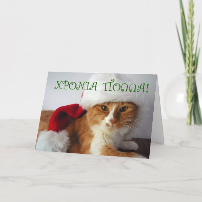 ΧΡΟΝΙΑ ΠΟΛΛΑ - Katt iförd jultomtehatt Helgkort (Framsida)