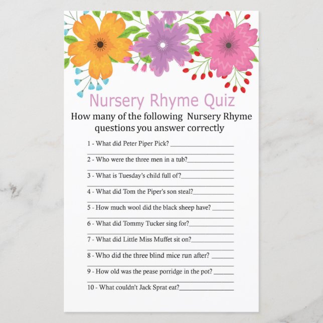 С ute blommor Nursery Rhyme Quiz-babyduschspel (Framsida)