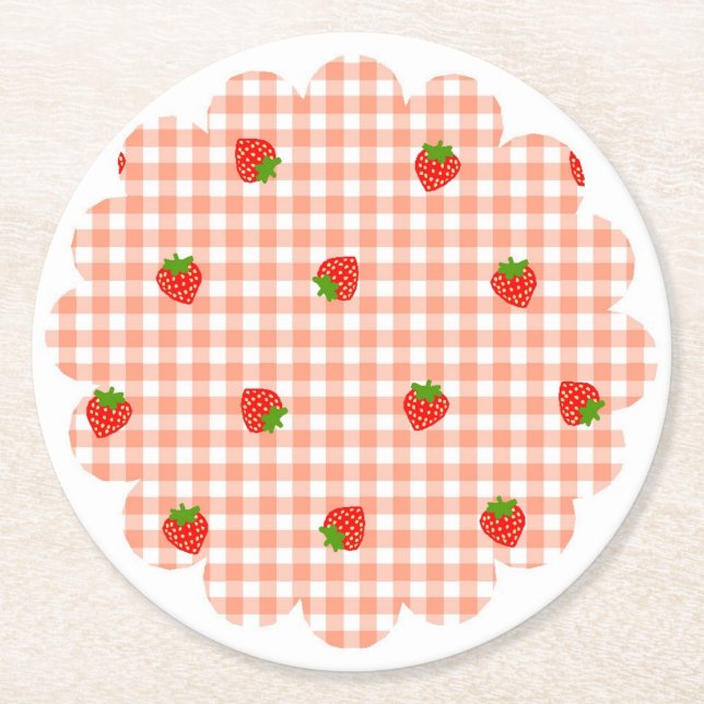 いちご　ギンガムチェック　サーモンピンク    UNDERLÄGG PAPPER RUND (Framsidan)