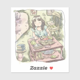 さないやじ 散らかったお部屋の雑貨の置いてある棚を片付ける女性のイラスト KLISTERMÄRKEN