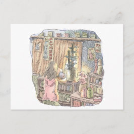 さなくなじ      薄暗いお部屋の植木とカーテンのそばで淡く光る物体を見つめる女性の後ろ姿のイラス VYKORT