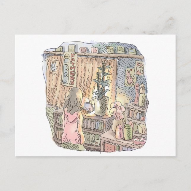 さなくなじ      薄暗いお部屋の植木とカーテンのそばで淡く光る物体を見つめる女性の後ろ姿のイラス VYKORT (Framsida)