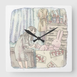 さなごなじ　　箪笥のあるお部屋で段ボールの中のウサギに手を差し伸べる女性のイラスト FYRKANTIG KLOCKA