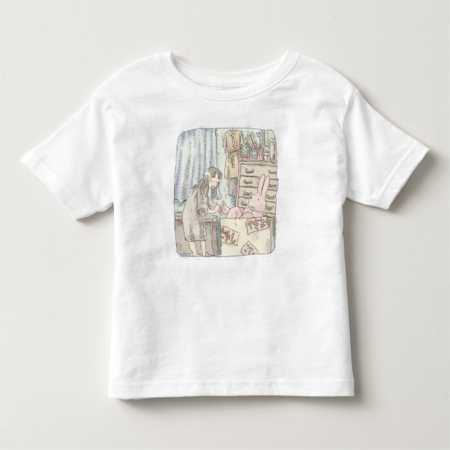 さなごなじ  箪笥のあるお部屋で段ボールの中のウサギに手を差し伸べる女性のイラスト T SHIRT (Framsida)