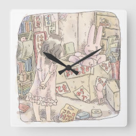 さなごむじ  お部屋の段ボールの中で震えているウサギを見ている女性のイラスト FYRKANTIG KLOCKA