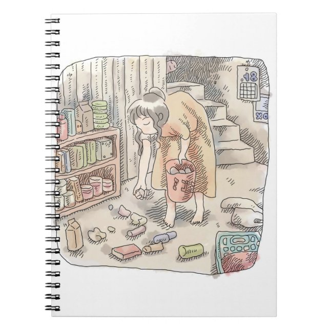 さなささじ  部屋の階段わきで屈んでたくさん落ちているゴミを拾う女性のイラスト ANTECKNINGSBOK (Framsidan)