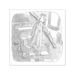 さなさにじ 薄暗い水色の下り階段を手すりを持ってゆっくり歩いているワンピースの女性のイラスト SJÄLVFÄRGANDE STÄMPEL