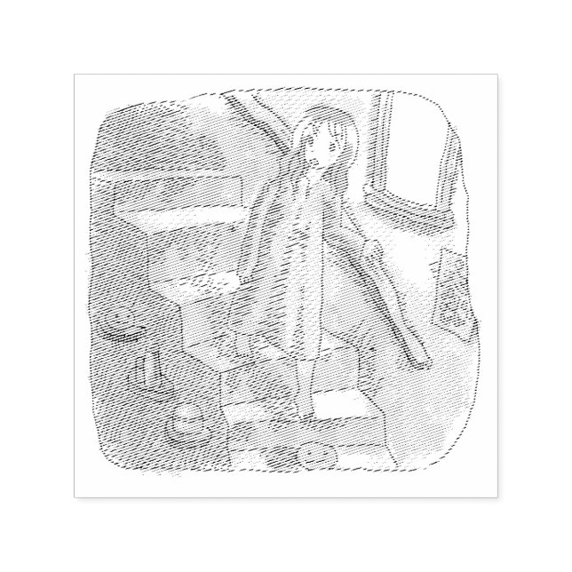 さなさにじ  薄暗い水色の下り階段を手すりを持ってゆっくり歩いているワンピースの女性のイラスト SJÄLVFÄRGANDE STÄMPEL (Design)