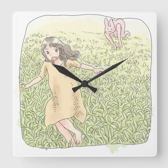 さなしむじ　広い緑の草原を追いかける兎から走って逃げる橙色のワンピースの女性 FYRKANTIG KLOCKA (Framsida)