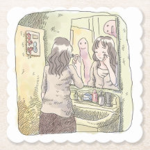 さなにしじ　黄色い洗面所で鏡に映る自分を見ながらメイク道具を使う女性のイラスト