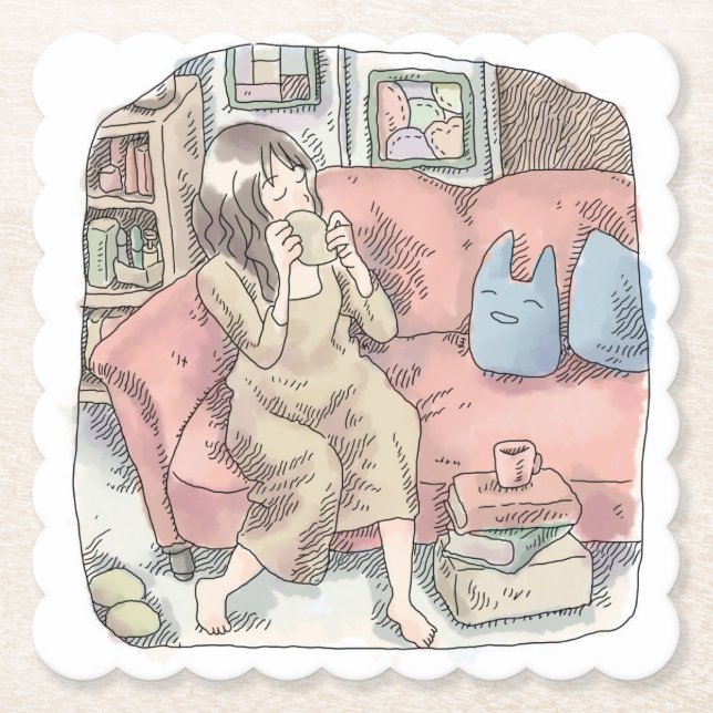 さなににじ　お部屋の中で真っ赤なソファに腰を掛けてまったりカップをすする女性のイラスト UNDERLÄGG PAPPER (Framsida)
