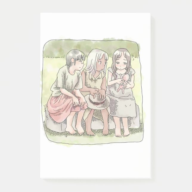 さなにやじ　野外で、椅子に座って仲良くしている三人の裸足の女の子のイラスト POST-IT BLOCK (Framsida)