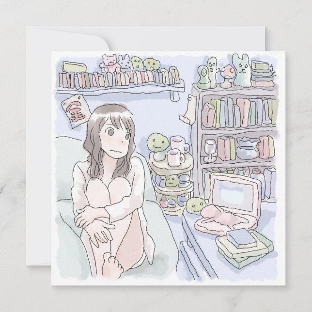 さにさむじ　青いお部屋でソファに座ってぼんやりする女性のイラスト KORT (Framsida)