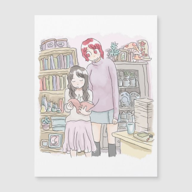 さむにくじ　本棚のある部屋で立って並んで本のページをめくる二人の女性のイラスト (Framsida)