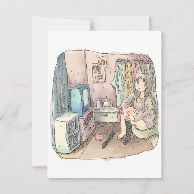 さやしくじ　衣類のかけてある部屋の座椅子に座ってテレビを見ながら靴下をはいている女性のイラスト (Framsida)