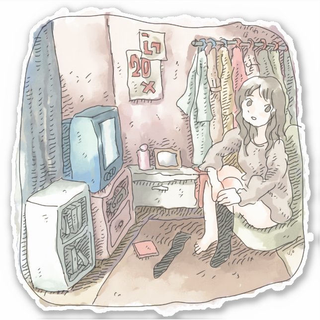 さやしくじ　衣類のかけてある部屋の座椅子に座ってテレビを見ながら靴下をはいている女性のイラスト KLISTERMÄRKEN (Framsida)