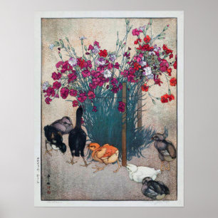ひ こ, Dianthus & Chicks , Hiroshi Yoshida, Woodcut Poster