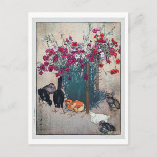 ひ こ, Dianthus & Chicks , Hiroshi Yoshida, Woodcut Vykort