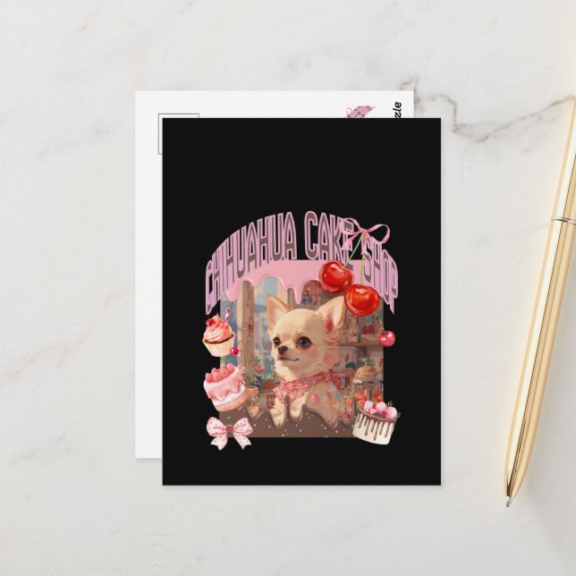 チワワのケーキ屋さん、スイーツ、子犬、リボン、cherry,girly好きのための vykort (Fram/Back In Situ)