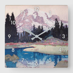 レ ー ア 山, Mount Rainier, Hiroshi Yoshida, Woodcut Fyrkantig Klocka