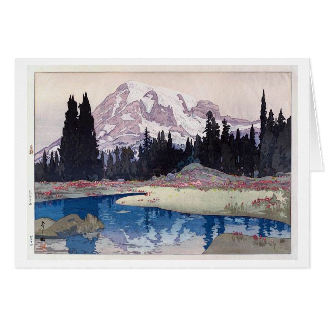 レ ー ア 山, Mount Rainier, Hiroshi Yoshida, Woodcut Hälsningskort (Framsidan Horizontal)