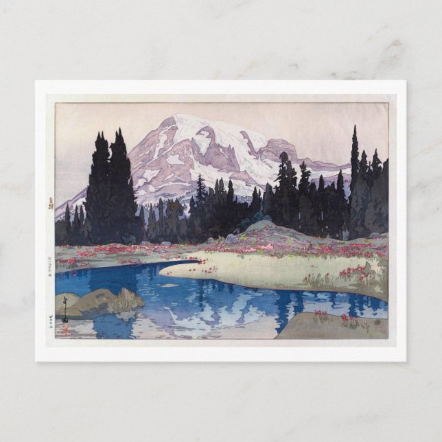 レ ー ア 山, Mount Rainier, Hiroshi Yoshida, Woodcut Vykort (Framsida)