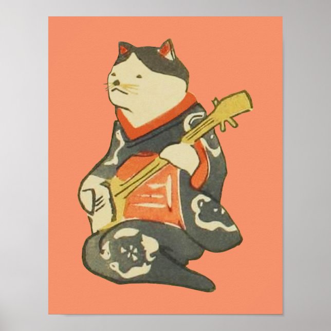 三 味 線 弾 猫, bud Cat Play Guitar, Kuniyoshi, Ukiyoe Poster (Framsidan)