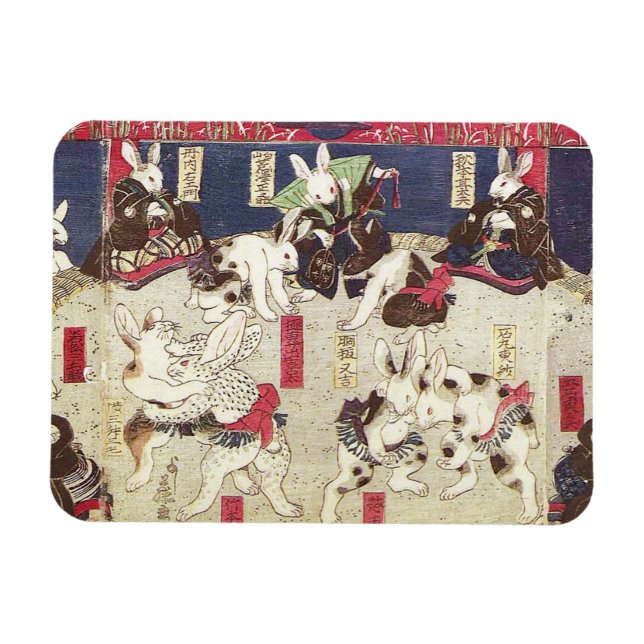兎 の 撲, 芳 藤 Sumo Rabbits, Yoshifuji, Ukiyo-e Magnet (Horisontell)