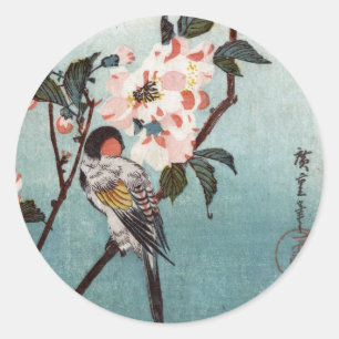 八 重 に 鳥, 広 Blommar och fågel, Hiroshige, Ukiyoe Runt Klistermärke