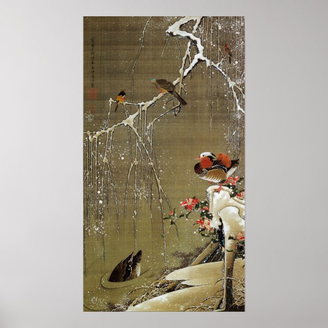 動 植 絵(3)雪 中 鴛 budgivningsorder, budgivningsbud poster (Framsidan)