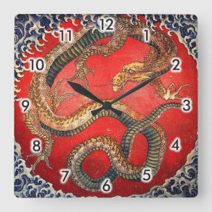 北斎の龍 北斎Hokusai drake, Hokusai, Japan konst Fyrkantig Klocka