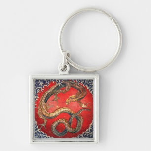 北 斎 龍, 北 斎 Hokusai Dragon, Hokusai Fyrkantig Silverfärgad Nyckelring