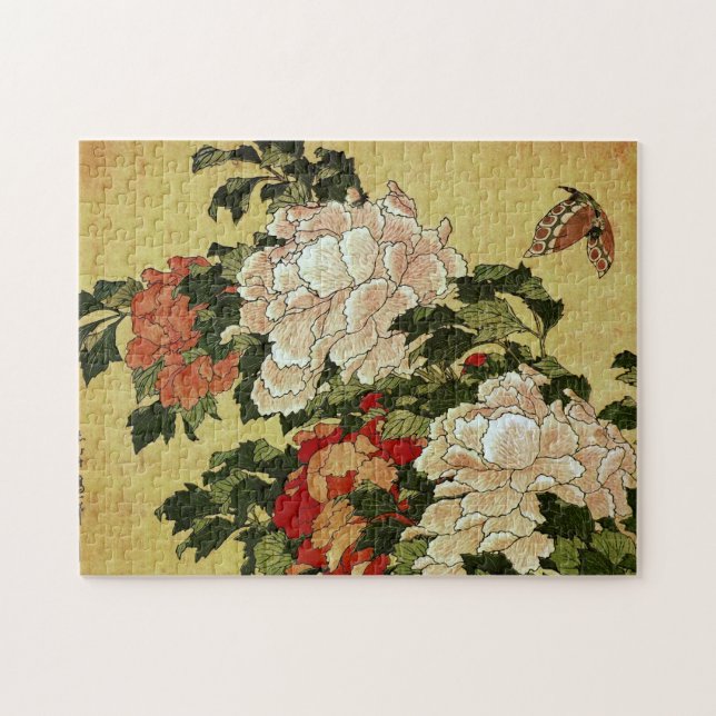 北 斎 Hokusai Peonies & Butterflies Fine Art Pussel (Horisontell)