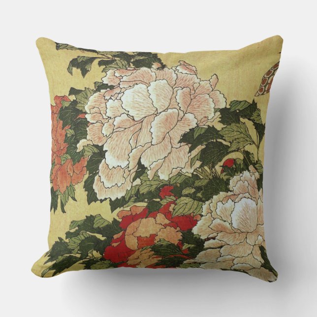 北 斎 Hokusai Peonies & Butterflies Fine Art Utomhuskudde (Framsida)