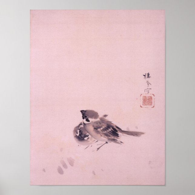 双雀, 栖鳳 Pair of The Sparrow, Seihō, Japanese Art Poster (Framsidan)