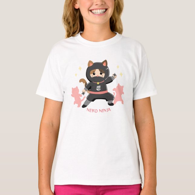 可愛い猫忍者 日本 ピンク Cat Ninja from Japan Pink T Shirt (Framsida)
